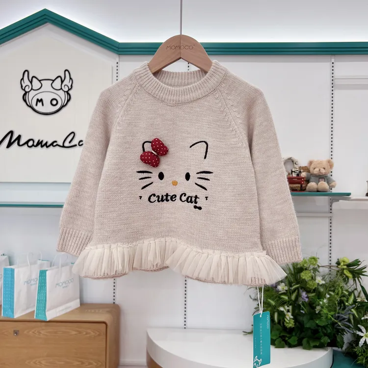 MOMOCO女童冬季儿童时尚可爱猫咪网纱拼接针织毛衣77830230039