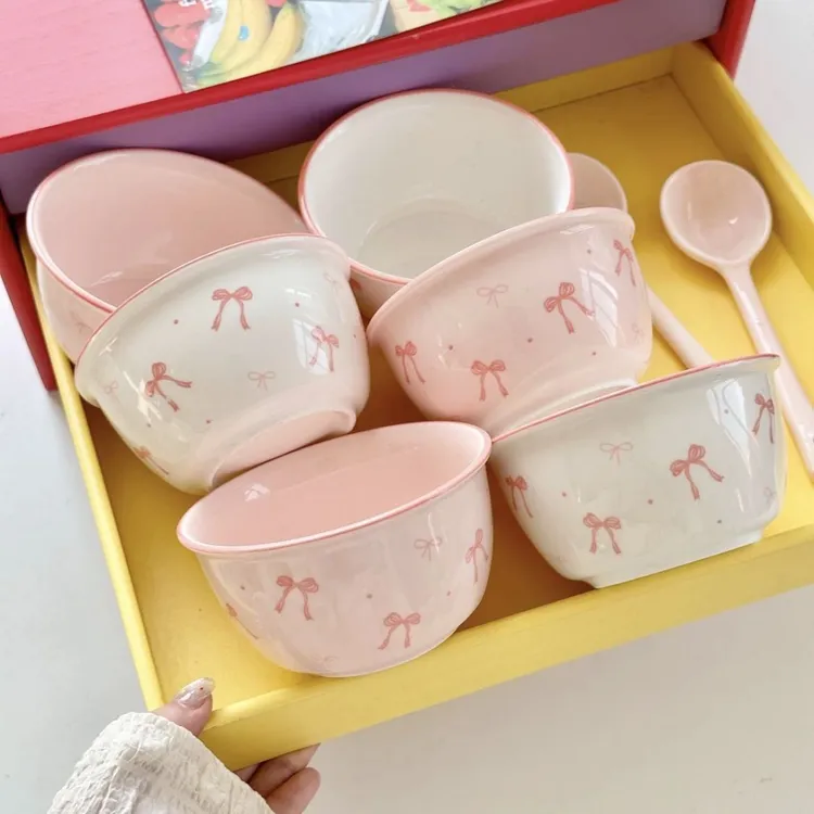 釉下彩少女蝴蝶结陶瓷饭碗高颜值可爱餐具ins甜品情侣健康饭碗勺