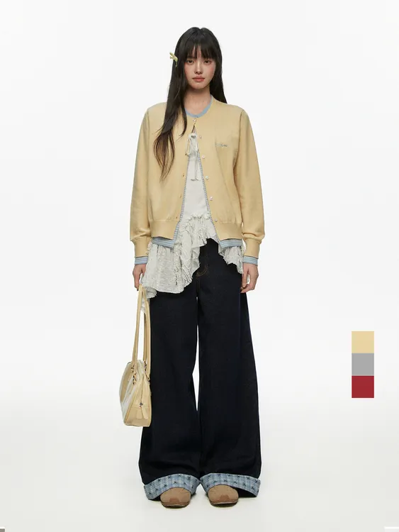 CyNi 简约甜美圆领休闲宽松双色假两件针织开衫毛衣女新款