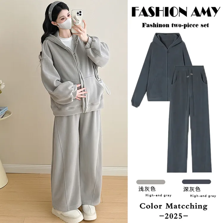 孕妇装秋冬套装时尚洋气时髦加绒加厚连帽卫衣外套上衣冬季两件套