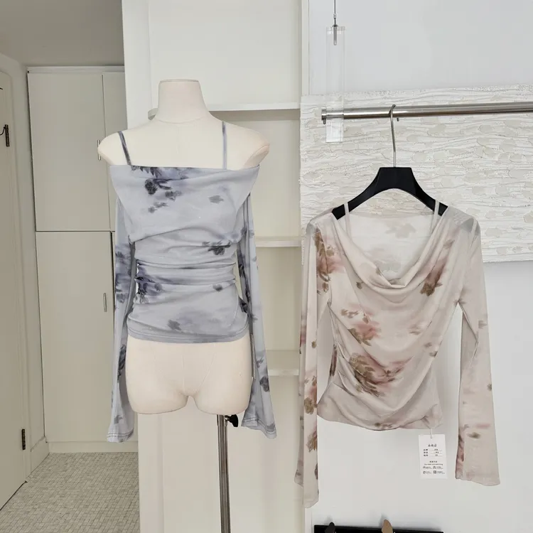 法式印花吊带长袖雪纺衫女温柔风荡领小衫