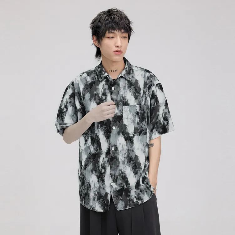 HERBEL/黑白 短袖衬衫25年夏季男式简约迷彩韩版黑白男士格子衬衫