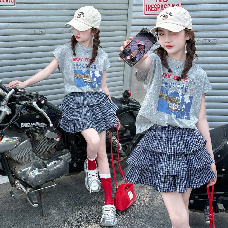 女童甜美休闲夏季儿童短袖女孩裙子套装2025新款中大童5-12岁15岁
