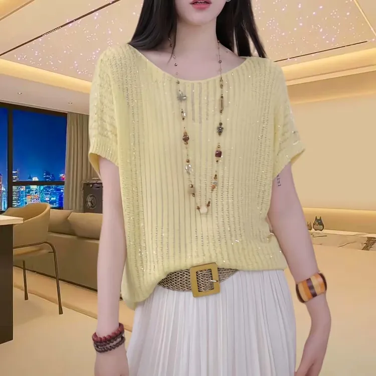 2025时尚夏季宽松亮片蝙蝠袖针织衫女慵懒百搭显瘦透气短袖上衣