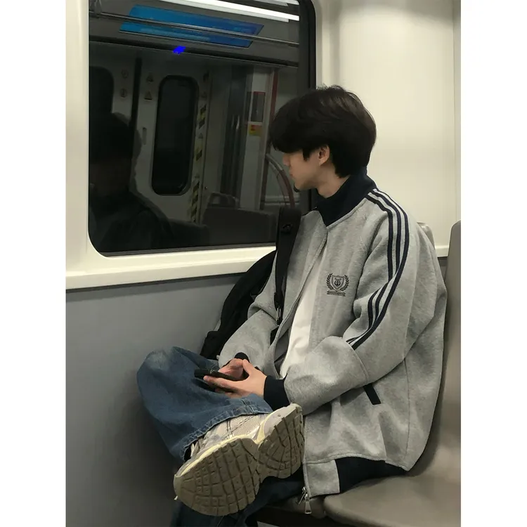 美式潮流徽章印花三条杠立领开衫外套男女秋冬季百搭休闲情侣卫衣