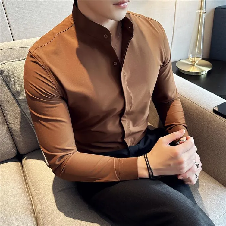 中式立领衬衫男长袖春秋季2025新款潮流修身商务休闲圆领暗扣衬衣
