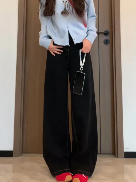 黑色直筒牛仔裤女秋冬加绒加厚大码胖mm高腰宽松显瘦阔腿拖地长裤