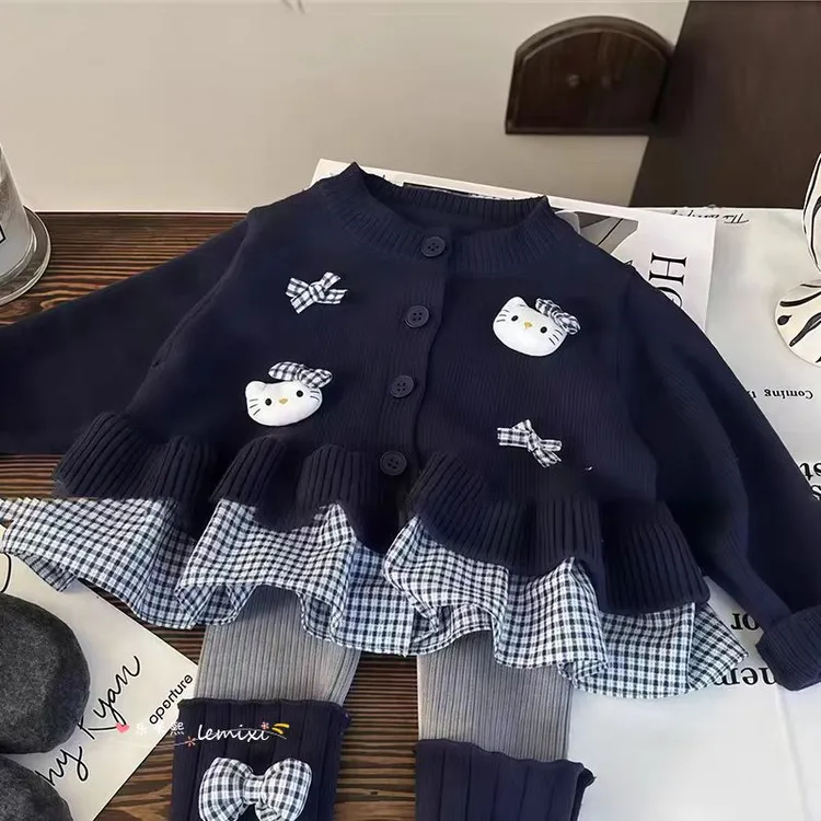 女童针织春秋2025新款儿童秋装女孩蝴蝶结宝宝毛衣开衫卡通外套