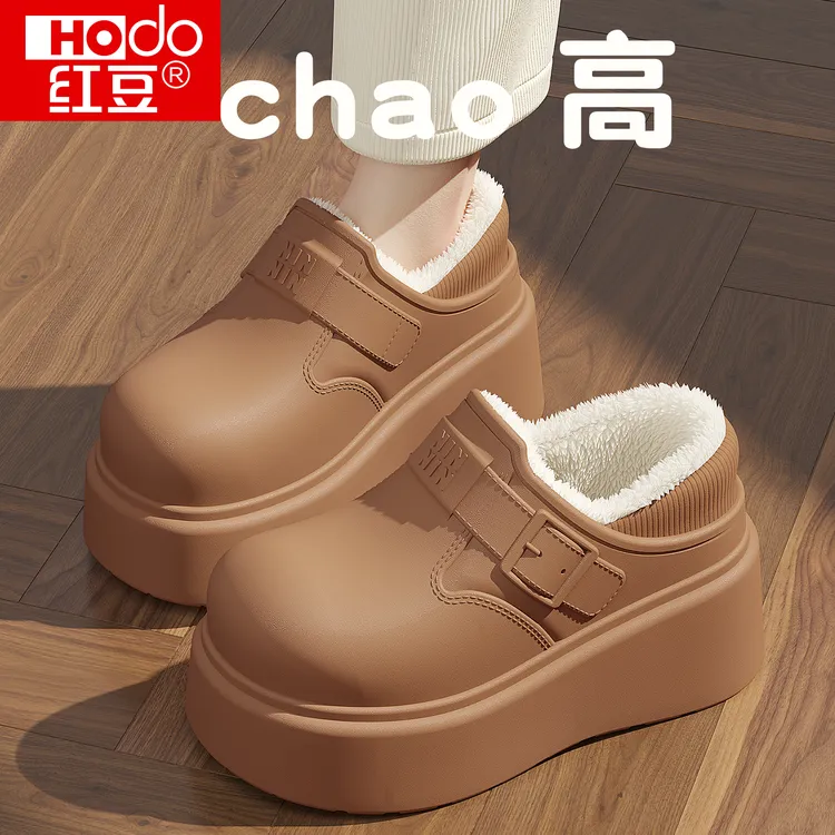 红豆9cm高跟棉拖鞋女款外穿2025新款网红爆款厚底防滑加绒棉鞋女