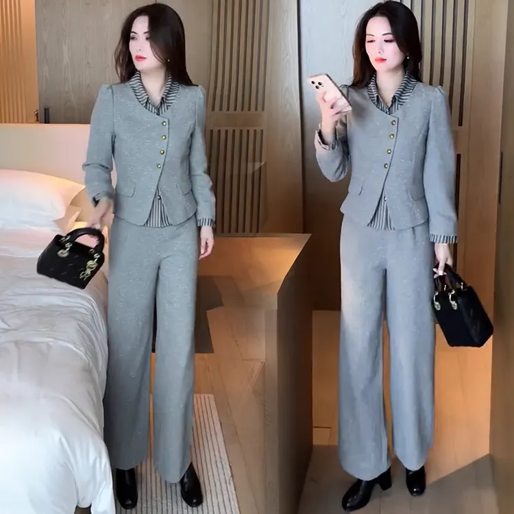 时尚套装女2025秋季新款洋气显瘦条纹拼接假两件上衣阔腿裤两件套