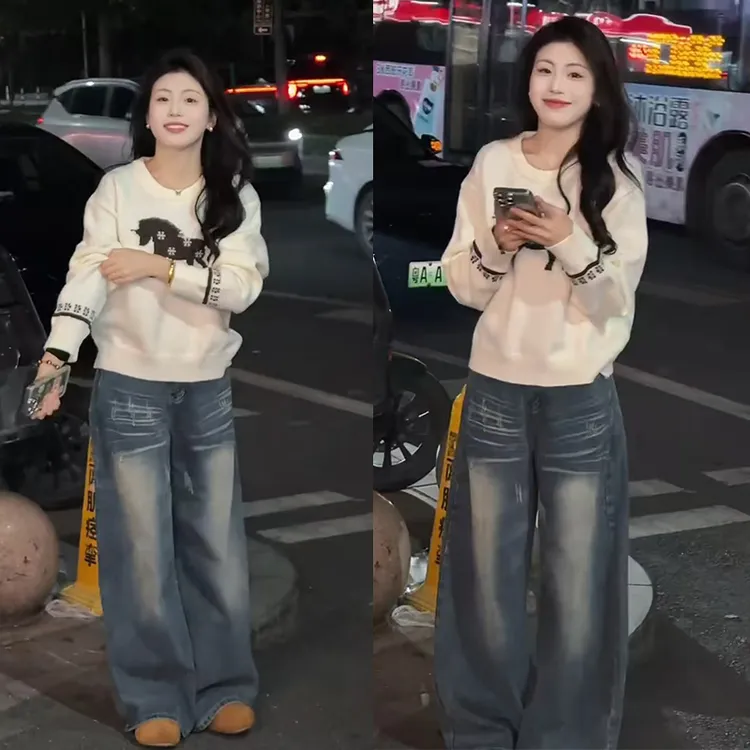 今年流行一整套2025年新款韩系简约百搭马年针织上衣牛仔裤两件套