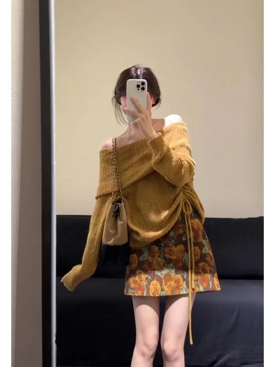 美拉德一字肩抽绳针织衫上衣女2025秋季新款复古碎花半身裙两件套