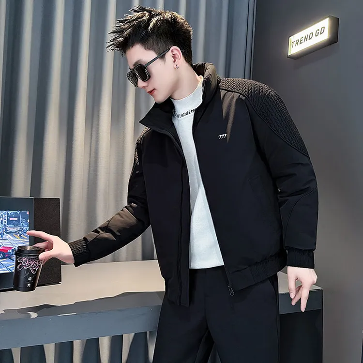 设计感编织纹拼接棉衣外套男士冬季立领短款潮牌痞帅百搭棉服男装