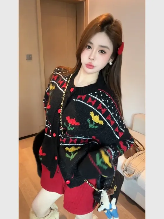 黑色费尔岛毛衣开衫外套女2025新款冬季独特漂亮减龄款针织衫上衣