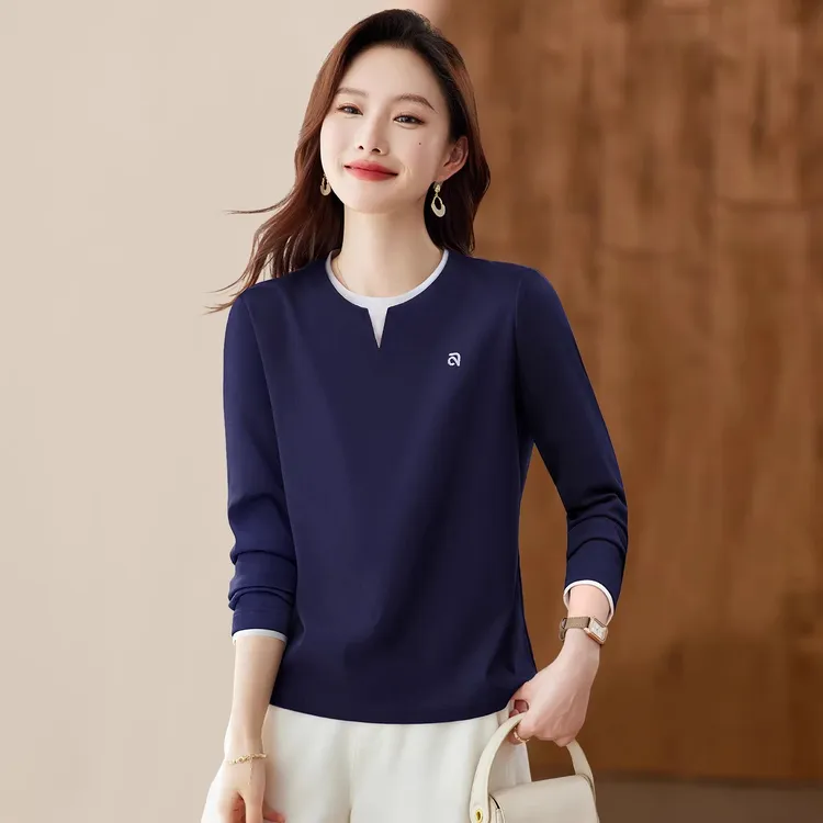 90支长绒棉时髦百搭正肩2025早秋新款洋气假两件遮肉显瘦休闲长袖