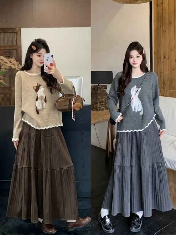 秋冬新款胖mm大码绣花小猫毛织上衣高腰半身裙套装72101+23288