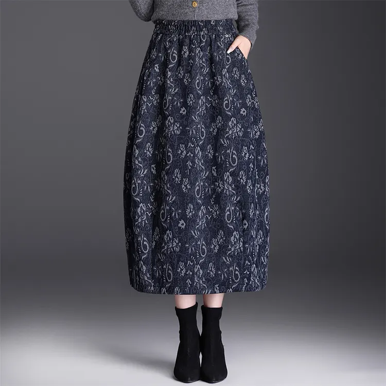 复古印花毛呢花苞裙半身裙女秋冬2025新款松紧腰中长款休闲灯笼裙
