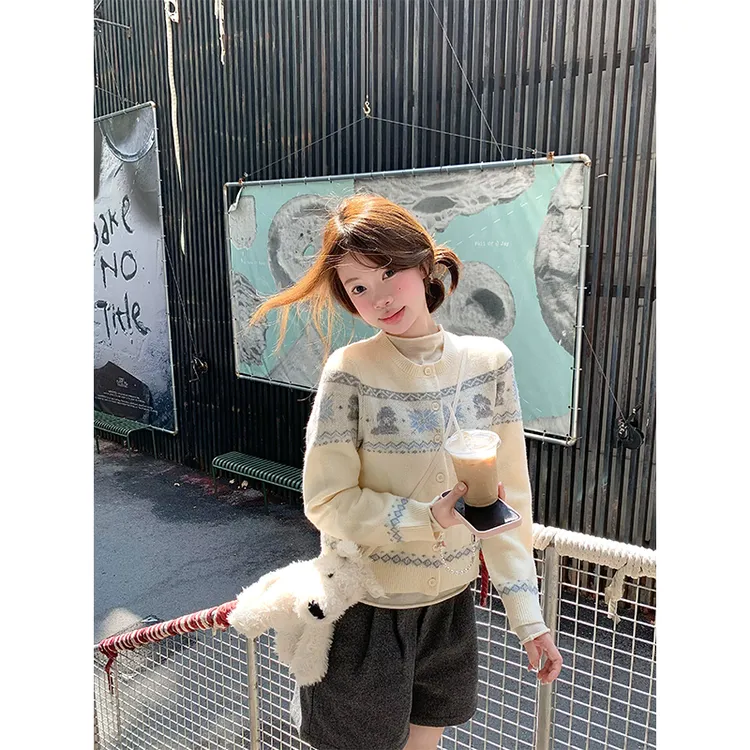 MARIE.COCO可爱风穿搭慵懒风奶fufu撞色提花针织毛衣女秋季短裤子