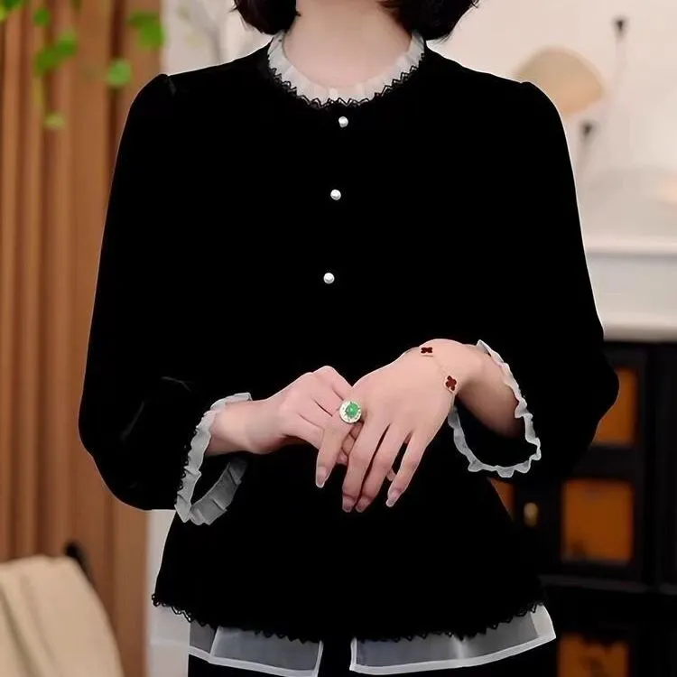 法式荷叶边衬衫女士秋季新款时尚气质休闲显瘦设计感黑色丝绒上衣