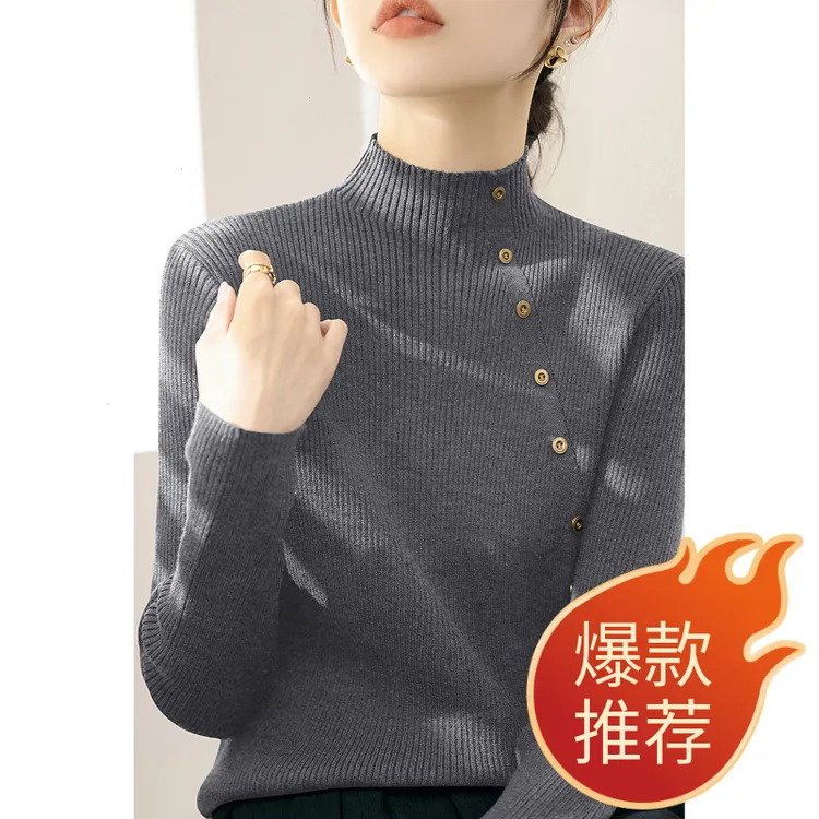 冬季长袖藏青色厚款女装打底上衣新款纽扣设计针织衫半高领毛衣