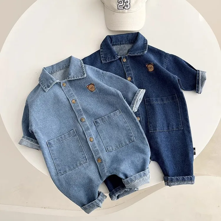 婴儿连体衣春秋款牛仔小熊婴幼儿外出哈衣连体衣男女宝宝爬爬服潮