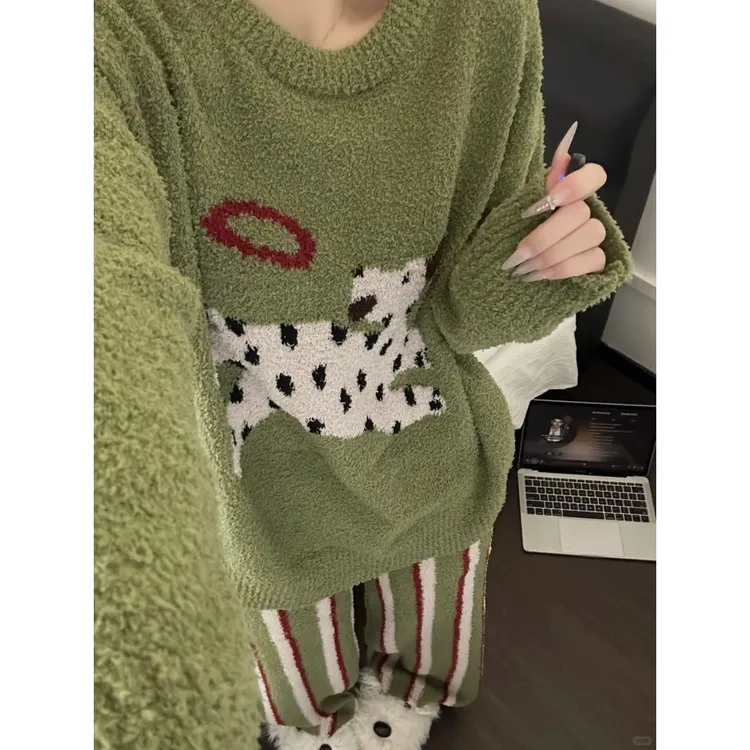 韩系可爱斑点小狗针织半边绒睡衣女秋冬新款加厚保暖家居服套装冬