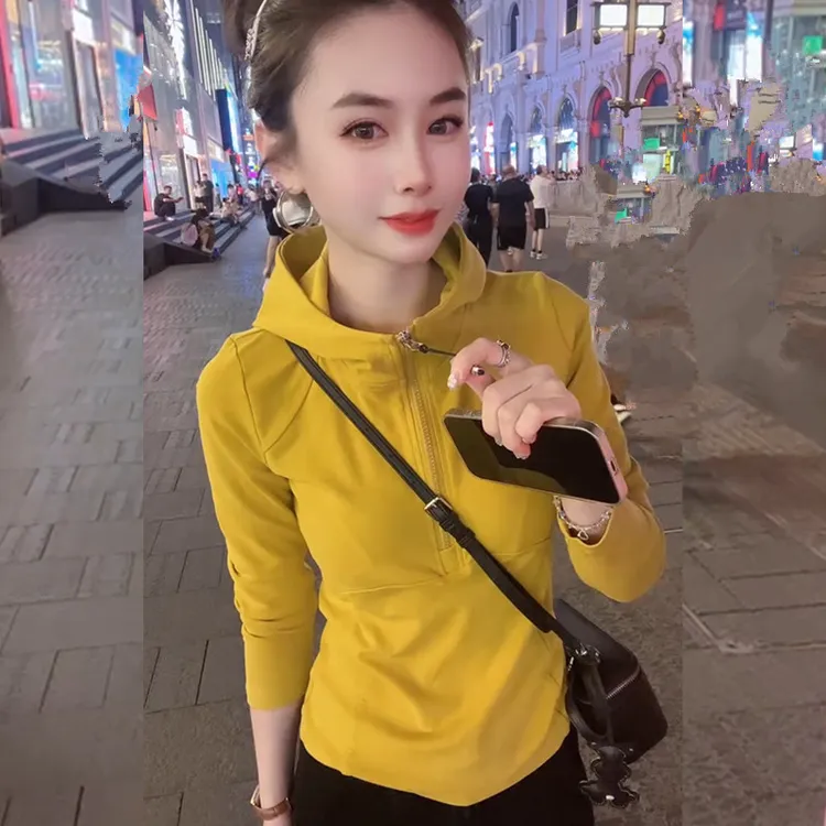 网红爆款时尚减龄修身显瘦纯色连帽卫衣女气质休闲简约百搭上衣潮