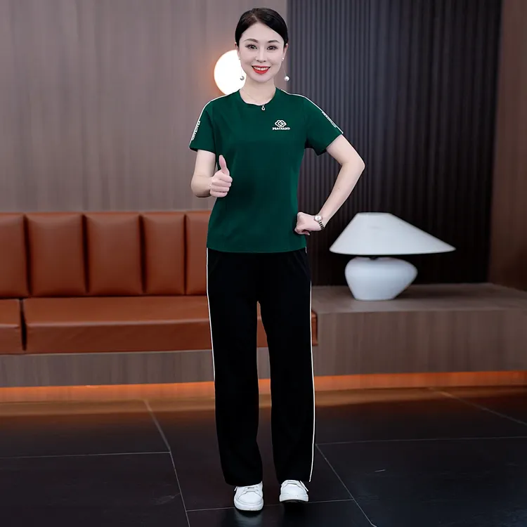 夏季女士套装2025新款爆款跑步休闲运动中老年妈妈广场舞短袖套装
