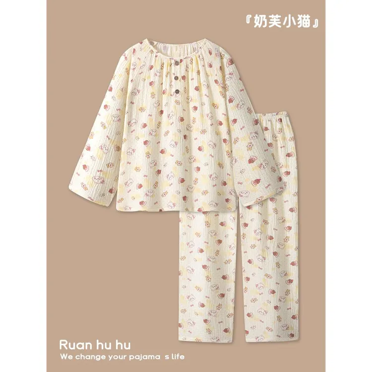 纯棉布料100全棉双层棉纱睡衣女款春秋季长袖可爱软萌小猫家居服