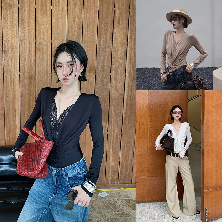 十三粥私服 光影层叠 性感V领上衣女直角肩收腰显瘦舒爽SA0119