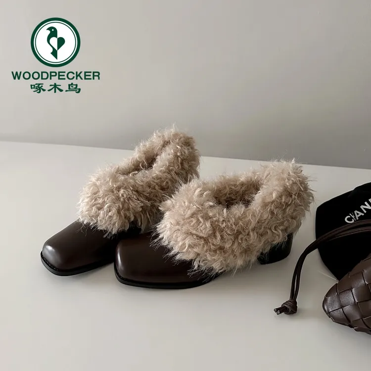 啄木鸟方头毛毛鞋一脚蹬复古加绒保暖玛丽珍小皮鞋棉鞋粗跟单鞋女