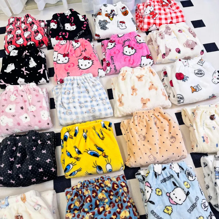 卡通保暖法兰绒中腰女睡裤家居裤厚款秋冬季珊瑚绒宽男士冬季睡裤