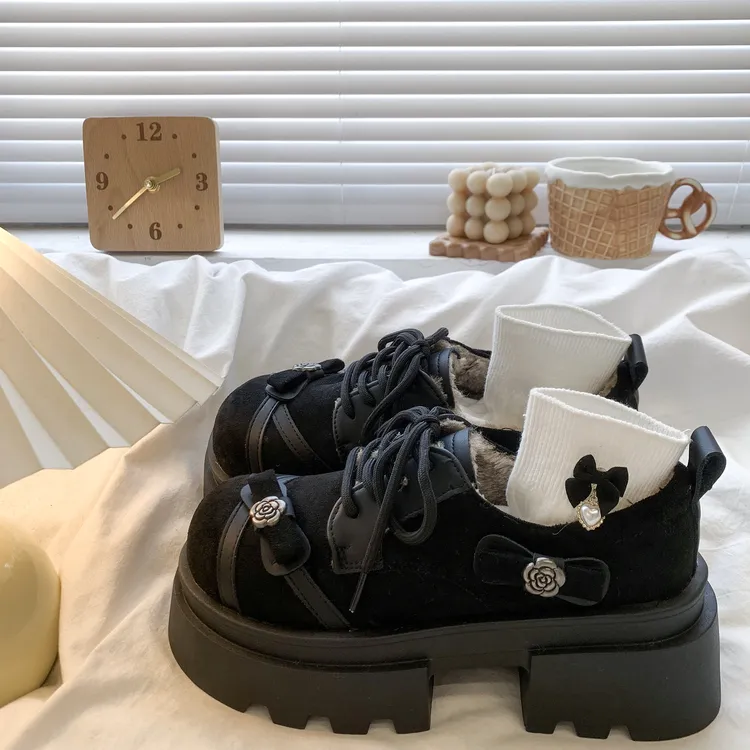 啄木鸟蝴蝶结加绒小皮鞋女2025新款秋冬季英伦风厚底增高乐福棉鞋