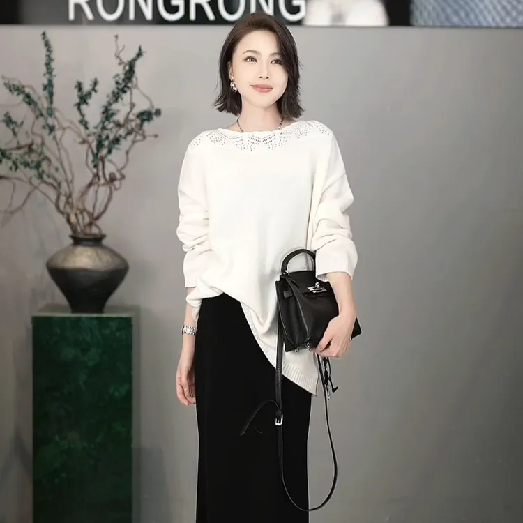 溶溶【栀子独白】RONGRONG 100绵羊毛一字领钩花镂空优雅羊毛衫2548