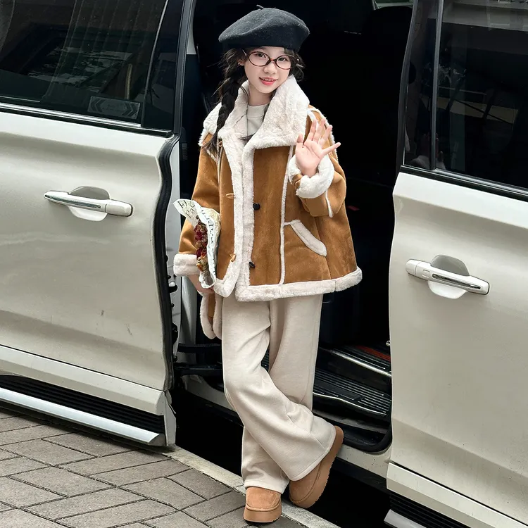 女童秋冬装加绒加厚外套2025新款女孩洋气皮毛一体夹克女大童上衣