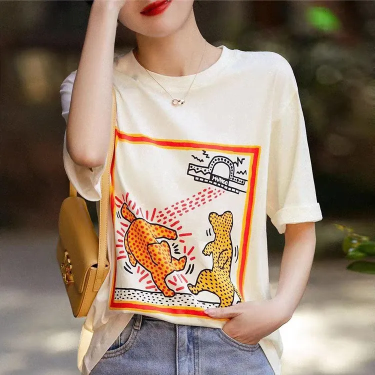 门店24&9！高棉零压！柔软透气街头绘画涂鸦百搭短袖T恤女 L42097