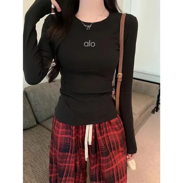 桐森服装 alo辣妹长袖T恤女圆领印花修身正肩健身训练运动上衣女
