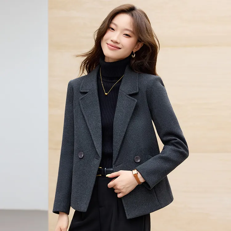 深灰色毛呢西装外套女2025新款春秋小个子休闲气质修身西服上衣