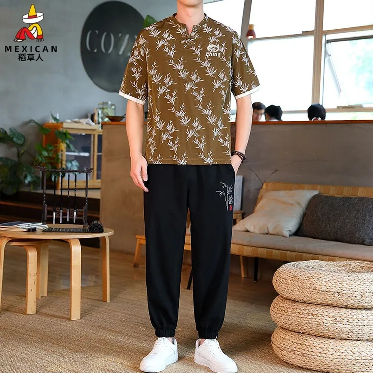 稻草人男士T恤短袖休闲夏季中国风男男款舒适唐装中国风古风男装