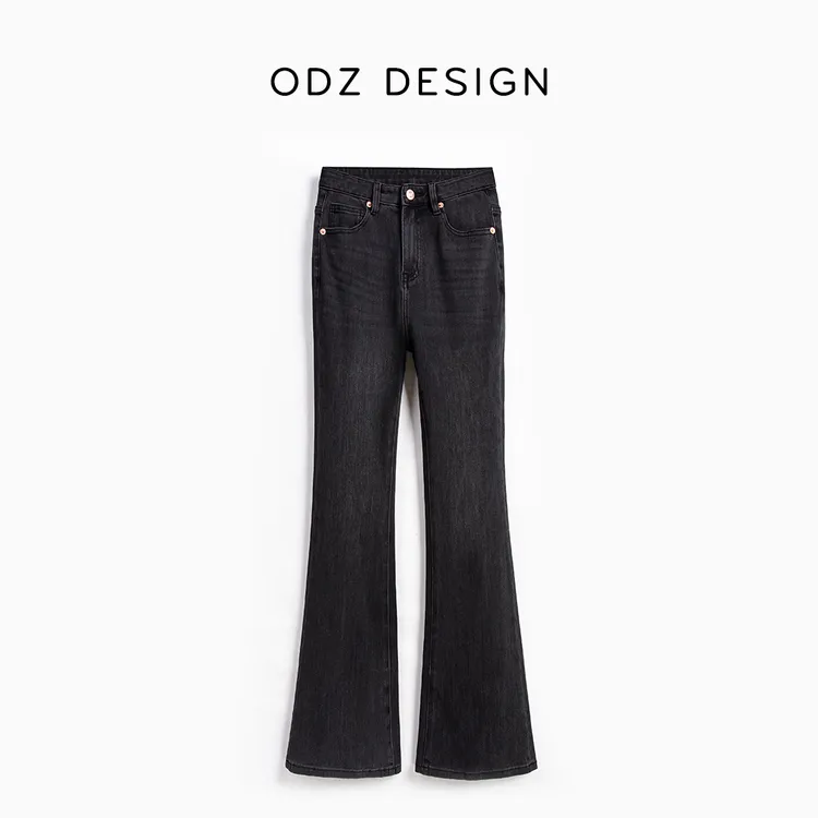 【ODZ】双11海洋心/秋冬黑灰色高腰显高显瘦喇叭裤微喇牛仔裤女加绒