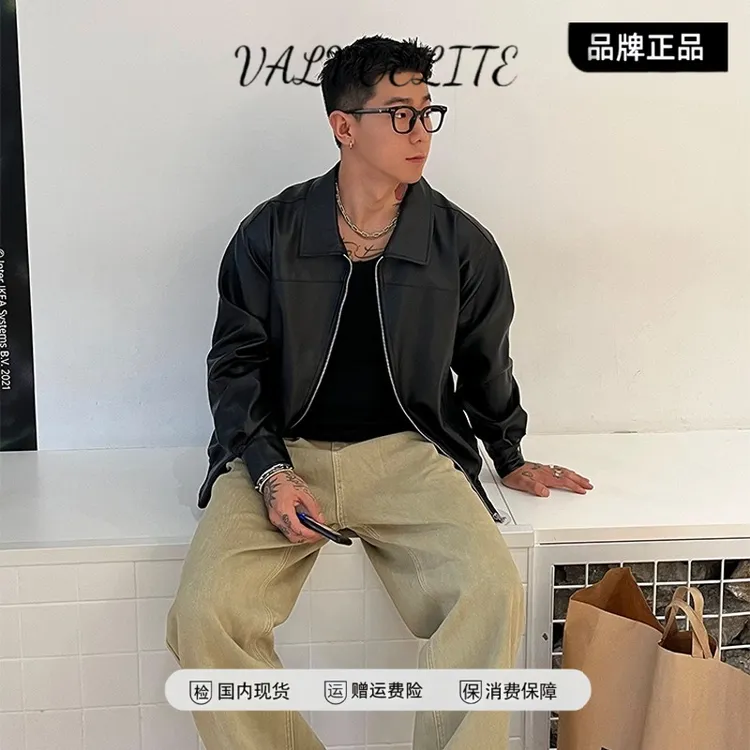 秋冬新款痞帅高街风设计感Pu皮衣男士复古风机车服情侣皮夹克外套