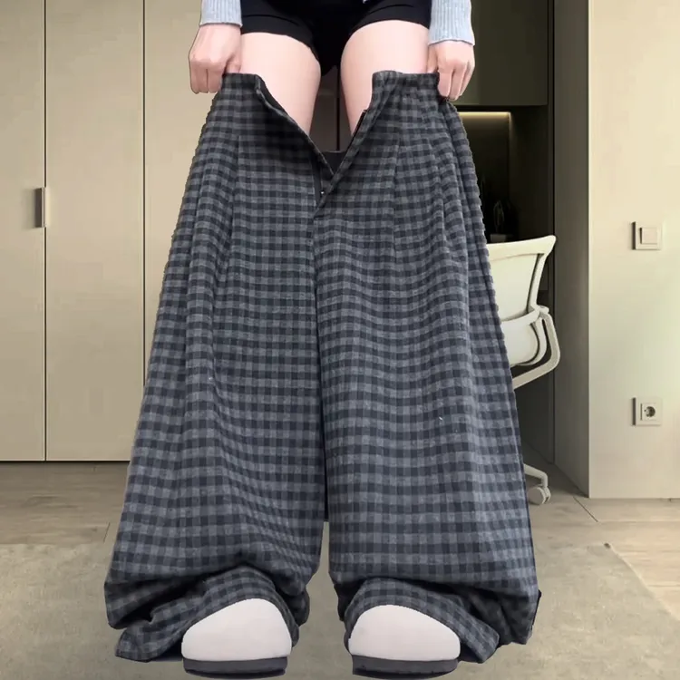 复古格纹西装阔腿裤女2025秋季爆款超火休闲直筒裤小个子拖地长裤