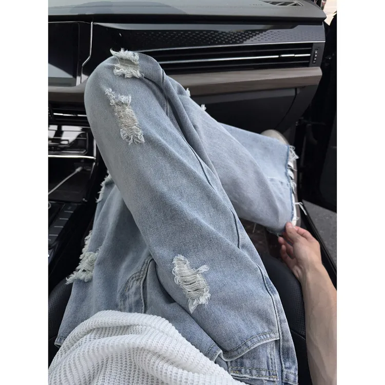 cleanfit痞帅破洞牛仔裤男装夏季休闲男款美式潮牌薄款直筒长裤子