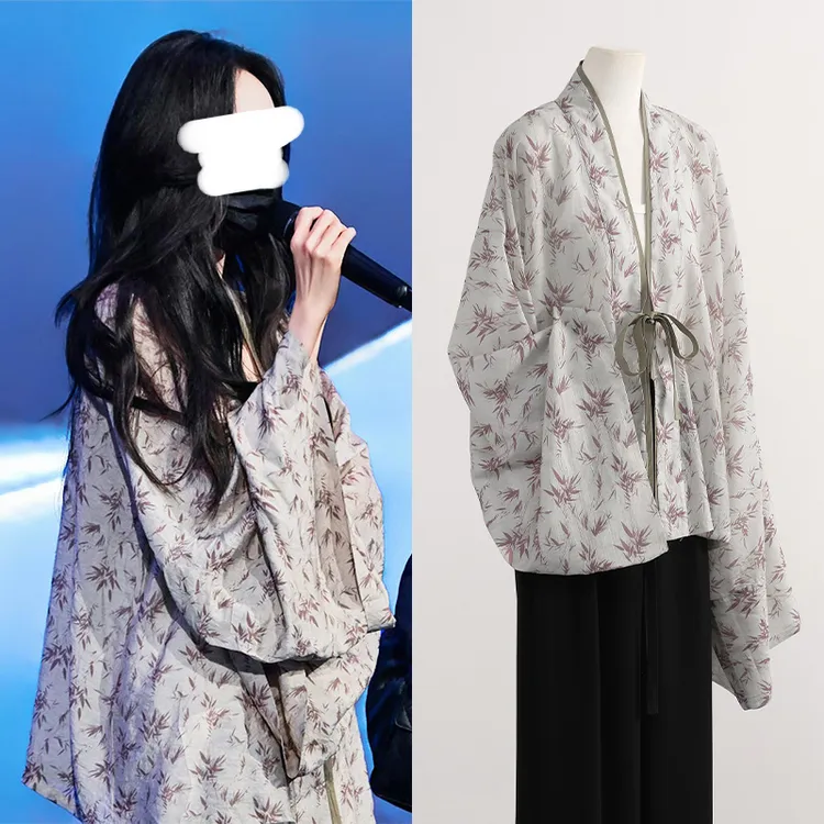 Miss Judy杨幂电影节同款新中式竹节词褶衣薄款汉服印花外搭上衣