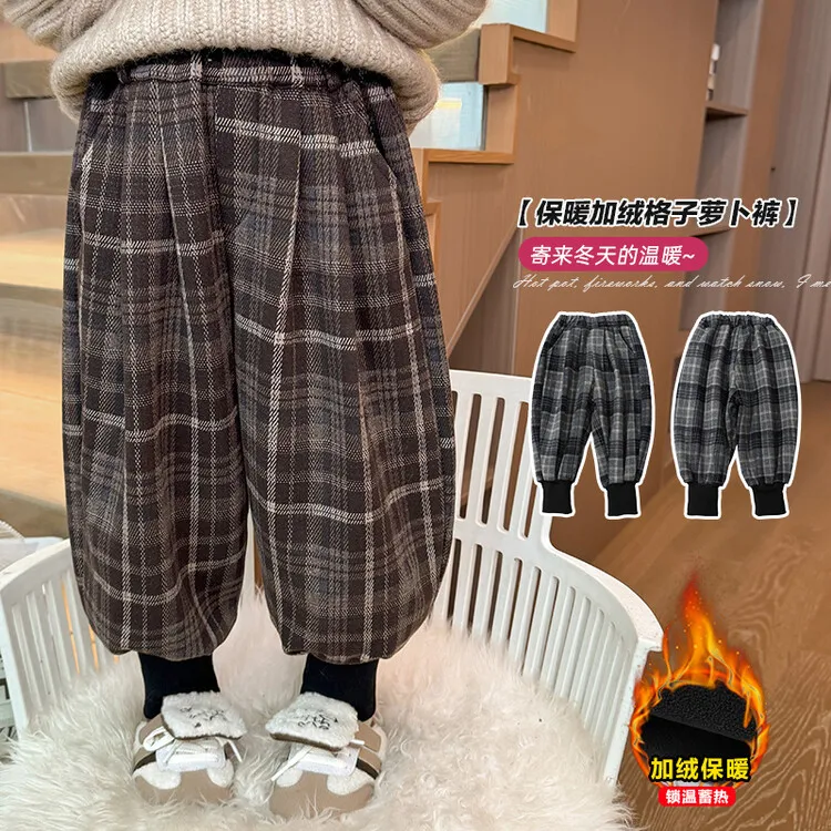 女童格子加绒裤2025新款儿童一体绒洋气女孩秋冬加厚休闲运动长裤