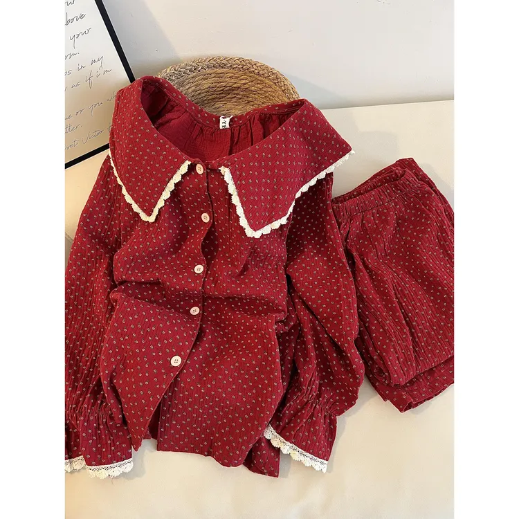 甜美慵懒感蕾丝碎花设计感睡衣女春秋季新款棉纱家居服套装可外穿