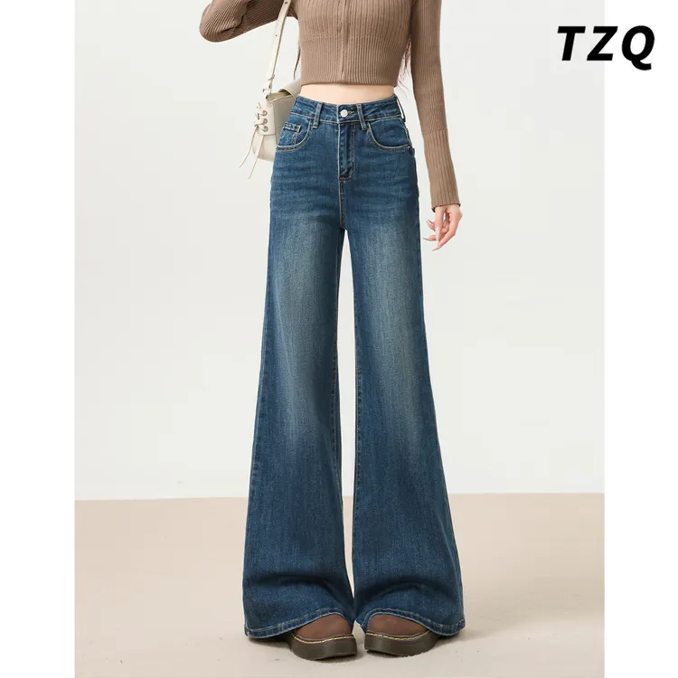 复古高腰微喇牛仔裤阔腿裤女爆款新款显瘦垂感阔腿喇叭裤春秋