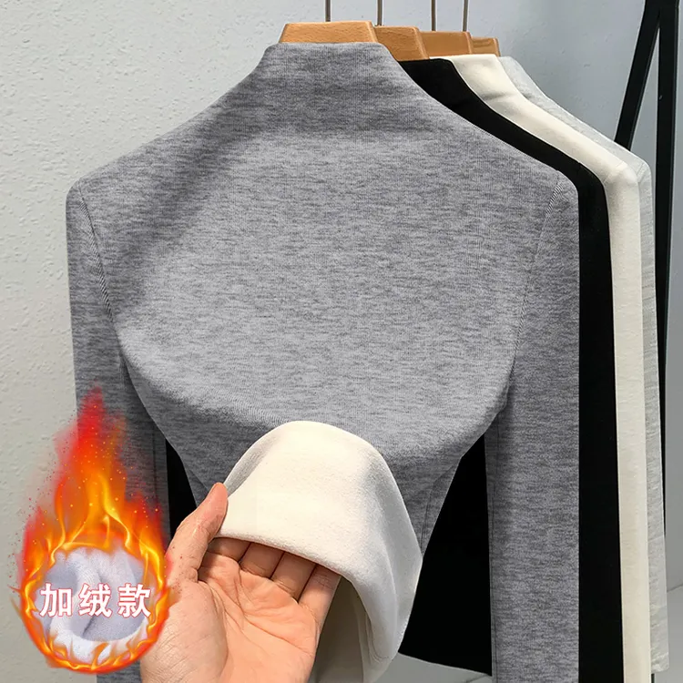 2025冬季新款半高领加绒打底衫女士长袖t恤修身减龄加厚内搭T恤潮