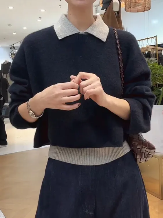 韩系撞色翻领背心针织衫套装女2025秋季新款高级感小个子两件套