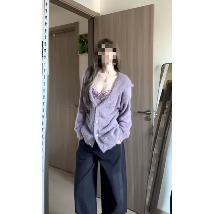 parkyeon辣妹性感紫色连帽毛衣外套内搭花边吊带女休闲阔腿裤套装